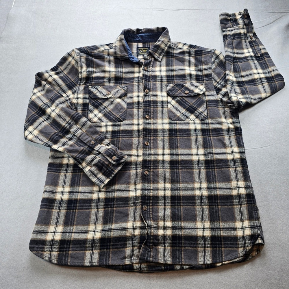 Jachs MFG Heritage Flannel Men Large Grey Tan Plaid Button Down Shirt 100 Cotton